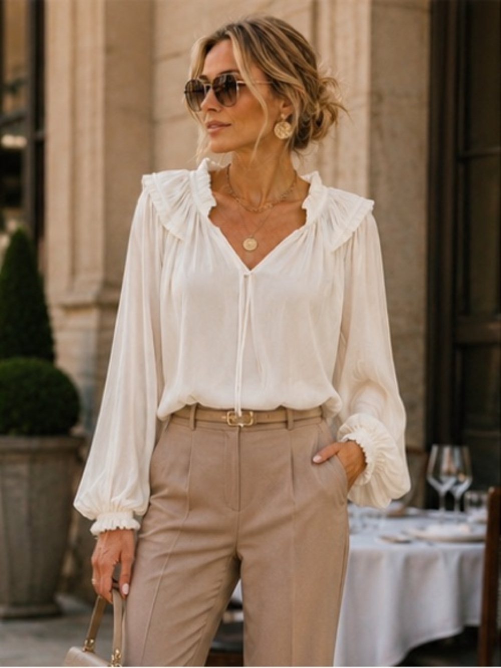 Philosophy White Ruffle Tie Neck Blouse XL | Romantic Quiet Luxury Top